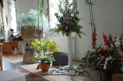 A flower festival display in the church